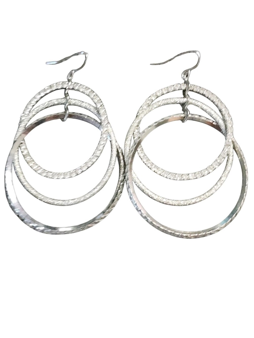 Silvertone Textured Multi-Hoop Dangle Earrings with Rhinestones